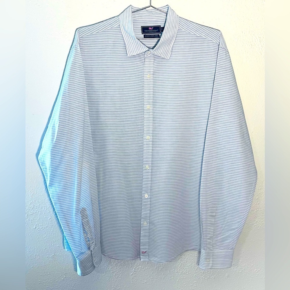 Vineyard Vines Men Slim Fit Cooper Shirt XL Blue Pinstripe Cotton Linen Career